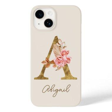 Boho Pink Roses and Gold Custom Letter A Monogram Case-Mate iPhone 14 Case