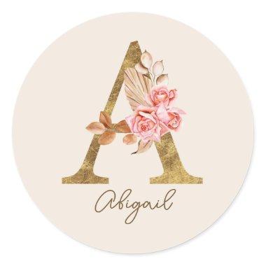 Boho Pink Roses and Gold Custom Letter A Monogram Classic Round Sticker