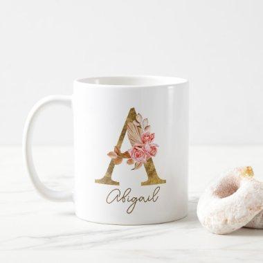 Boho Pink Roses and Gold Custom Letter A Monogram Coffee Mug