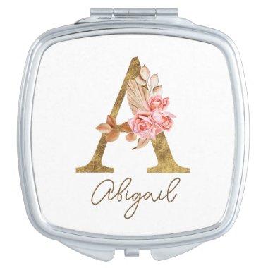 Boho Pink Roses and Gold Custom Letter A Monogram Compact Mirror