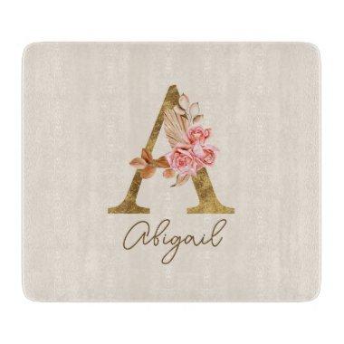Boho Pink Roses and Gold Custom Letter A Monogram Cutting Board