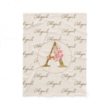 Boho Pink Roses and Gold Custom Letter A Monogram Fleece Blanket