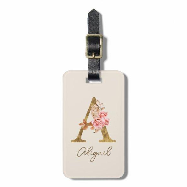 Boho Pink Roses and Gold Custom Letter A Monogram Luggage Tag