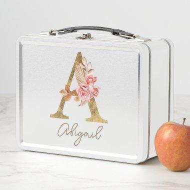 Boho Pink Roses and Gold Custom Letter A Monogram Metal Lunch Box