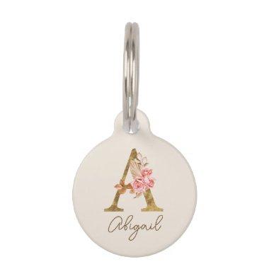 Boho Pink Roses and Gold Custom Letter A Monogram Pet ID Tag