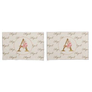 Boho Pink Roses and Gold Custom Letter A Monogram Pillow Case