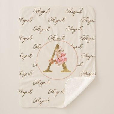 Boho Pink Roses and Gold Custom Letter A Monogram Sherpa Blanket