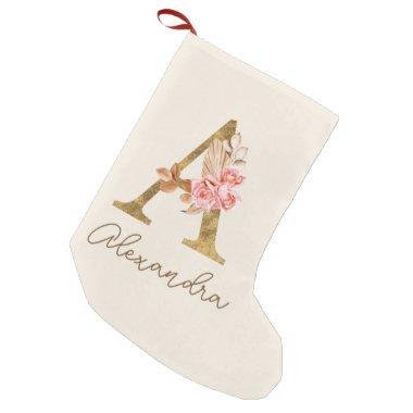 Boho Pink Roses and Gold Custom Letter A Monogram Small Christmas Stocking