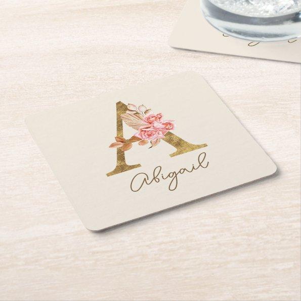 Boho Pink Roses and Gold Custom Letter A Monogram Square Paper Coaster