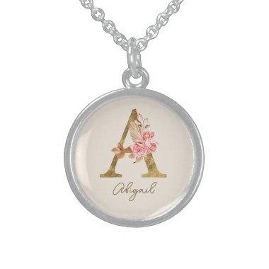 Boho Pink Roses and Gold Custom Letter A Monogram Sterling Silver Necklace