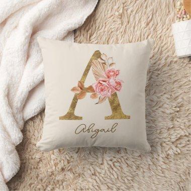 Boho Pink Roses and Gold Custom Letter A Monogram Throw Pillow