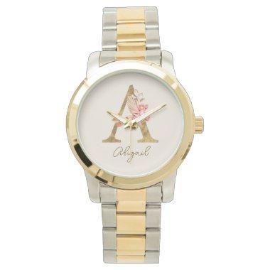 Boho Pink Roses and Gold Custom Letter A Monogram Watch
