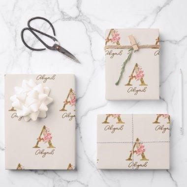 Boho Pink Roses and Gold Custom Letter A Monogram Wrapping Paper Sheets