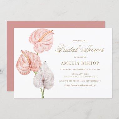 Boho Pink Watercolor Anthuriums Gold Bridal Shower Invitations
