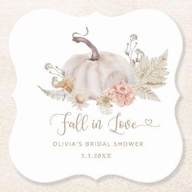 Boho pumpkin fall in love bridal shower paper coaster