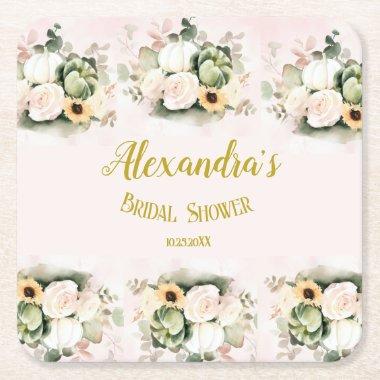 Boho Pumpkin Pampas Grass Elegant  Square Paper Coaster