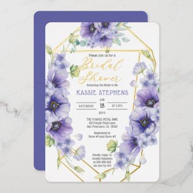 Boho Purple Violets Geometric Bridal Shower - Gold Foil Invitations