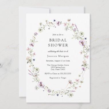 Boho Purple Wildflower Wreath Bridal Shower Invitations