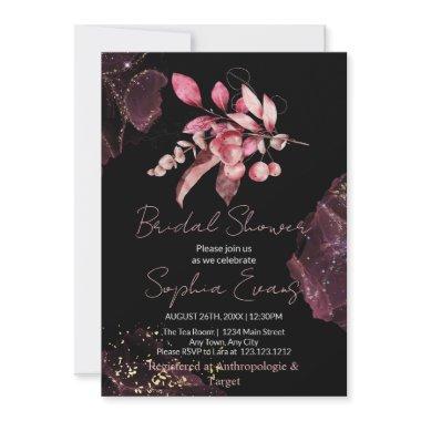 Boho Red Berries & Greenery Black Bridal Shower Invitations