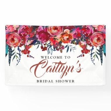 Boho Red Floral Feather Bridal Shower Welcome Banner