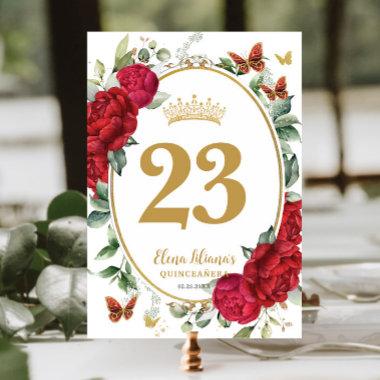 Boho Red Peonies Floral Butterflies Quinceanera Table Number