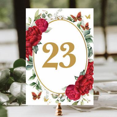 Boho Red Peonies Floral Gold Butterflies Birthday Table Number