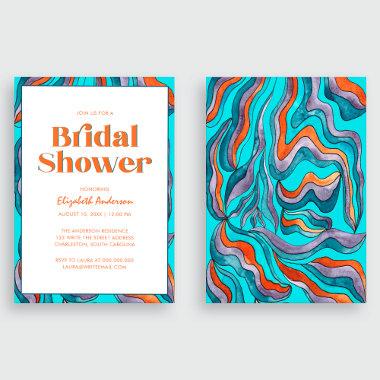 Boho Retro Blue Teal Typography Wavy Bridal Shower Invitations
