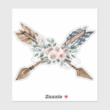 Boho retro vintage crossed arrows pink flowers sticker