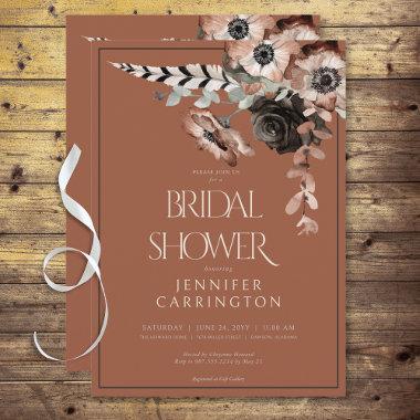 Boho Rust Black & White Flowers Bridal Shower Invitations