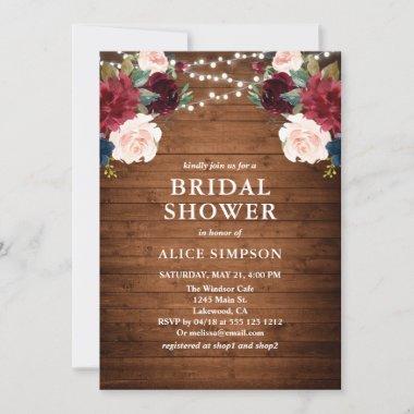 Boho Rustic Burgundy Blush Floral Bridal Shower In Invitations