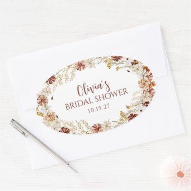 Boho Rustic Floral Burgundy Bridal Shower Custom Oval Sticker