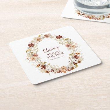 Boho Rustic Floral Burgundy Bridal Shower Custom Square Paper Coaster
