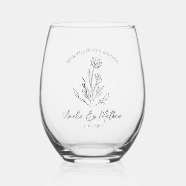 Boho Rustic Floral Eucalyptus Wedding Memories Stemless Wine Glass