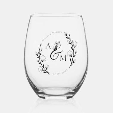 Boho Rustic Floral Monogrammed Initials Wedding Stemless Wine Glass