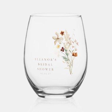 Boho Rustic Meadow Flowers Floral  Stemless Wine Glass