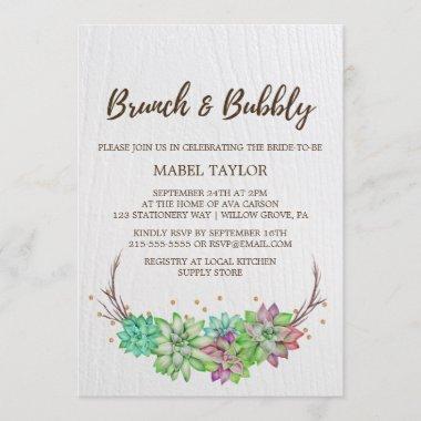 Boho Rustic Mint Floral Succulent Brunch & Bubbly Invitations