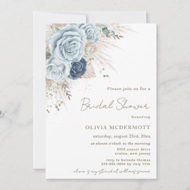 Boho Rustic Pampas Soft Blue Floral Bridal Shower Invitations