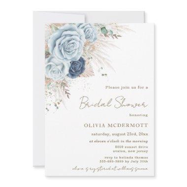 Boho Rustic Pampas Soft Blue Floral Bridal Shower Invitations