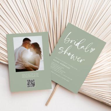 Boho Sage Green Photo Qr Code Bridal Shower Invitations