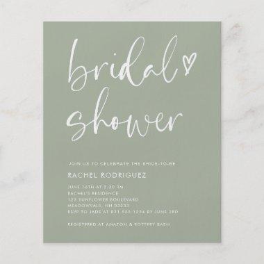 Boho Script Heart Sage Green Bridal Shower Invites Flyer