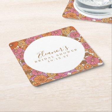 Boho Script Ochre Pink Floral Bridal Shower Custom Square Paper Coaster