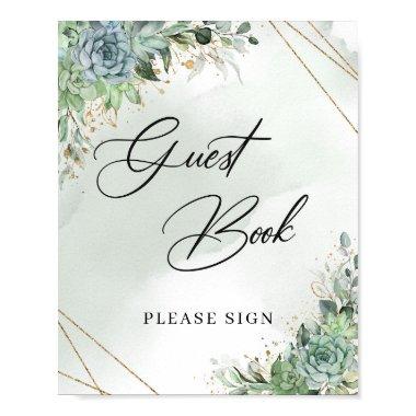 Boho succulents eucalyptus gold Guest Book Sign