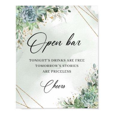 Boho succulents eucalyptus gold open bar sign