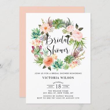 Boho Succulents Floral Wreath Bridal Shower Invitations
