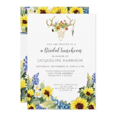 BOHO Sunflower Deer Skull Antlers Bridal Luncheon Invitations