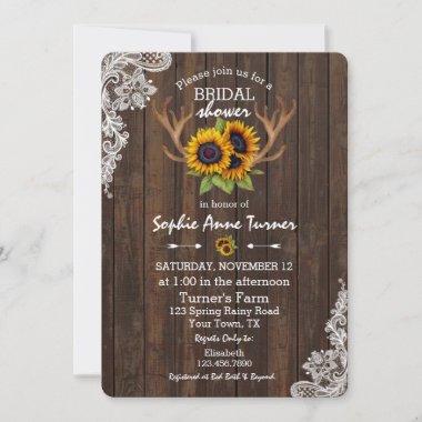 Boho Sunflowers Antlers Wood Lace Bridal Shower Invitations