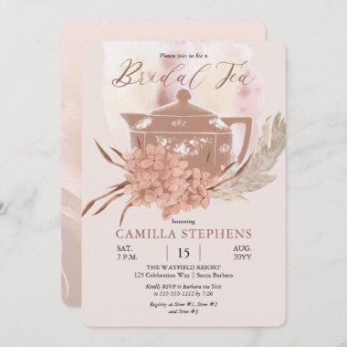 Boho Teapot | Hydrangeas | Pampas Grass Bridal Tea Invitations