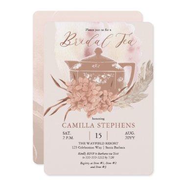 Boho Teapot | Hydrangeas | Pampas Grass Bridal Tea Invitations