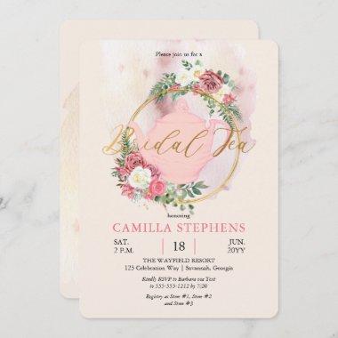 Boho Teapot | Pink Rose Wreath Bridal Tea Shower Invitations