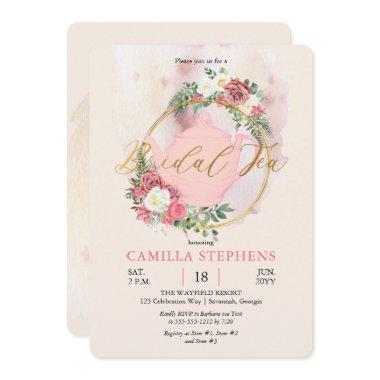 Boho Teapot | Pink Rose Wreath Bridal Tea Shower Invitations